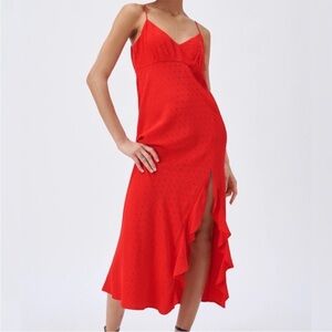 ZARA NEW JACQUARD DOTTED SLIP DRESS RUFFLE TRIM RED SIDE SLIT XL